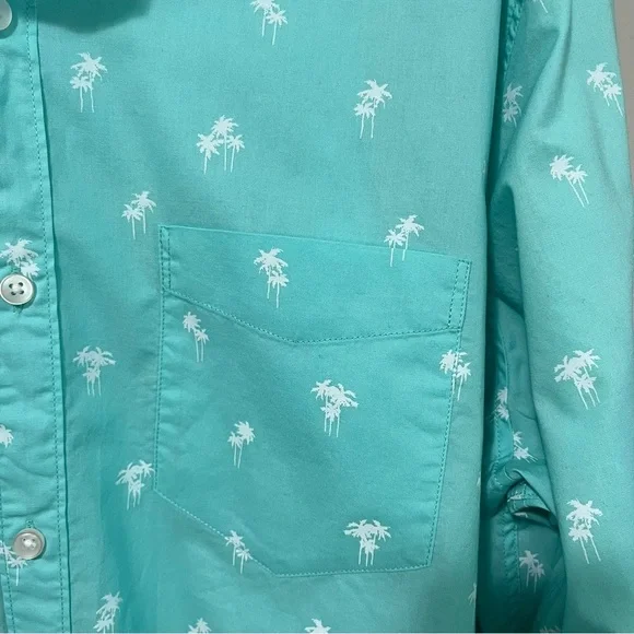 American Eagle Teal Blue Poplin Palm Tree Print Button Down Classic Fit Shirt - Picture 6 of 11